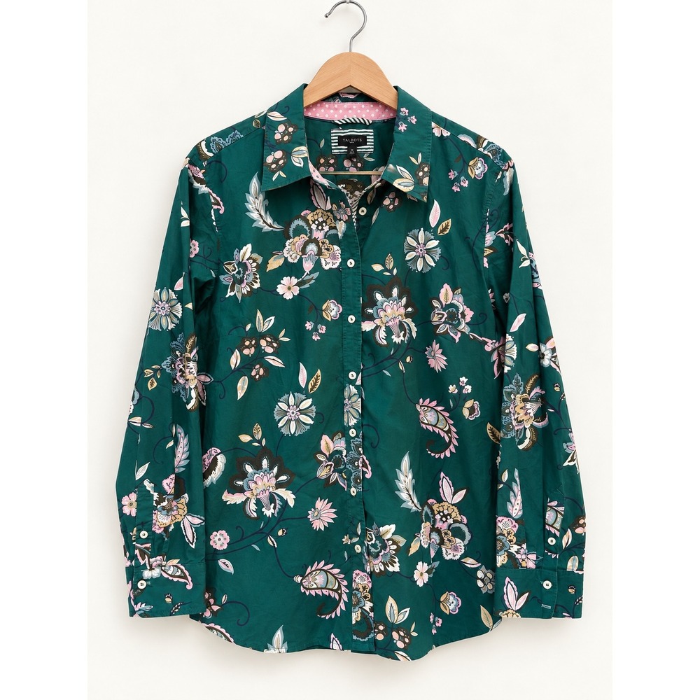 Talbots Womens XL Green Floral Paisley Button Front 100% Cotton Long Sleeve Top